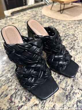 Black Braided Block Heel Slide Sandals - Women